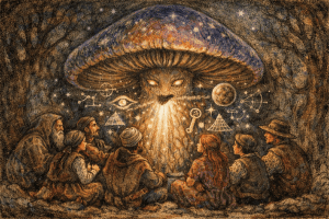 People sitting in a circle around a large glowing mushroom with a lion face projecting cosmic symbols