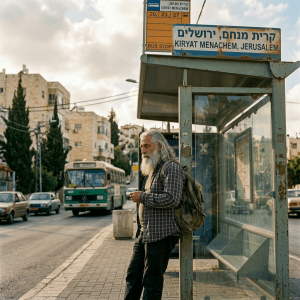 Man standing at Kiryat Menachem bus stop in Jerusalem using phone