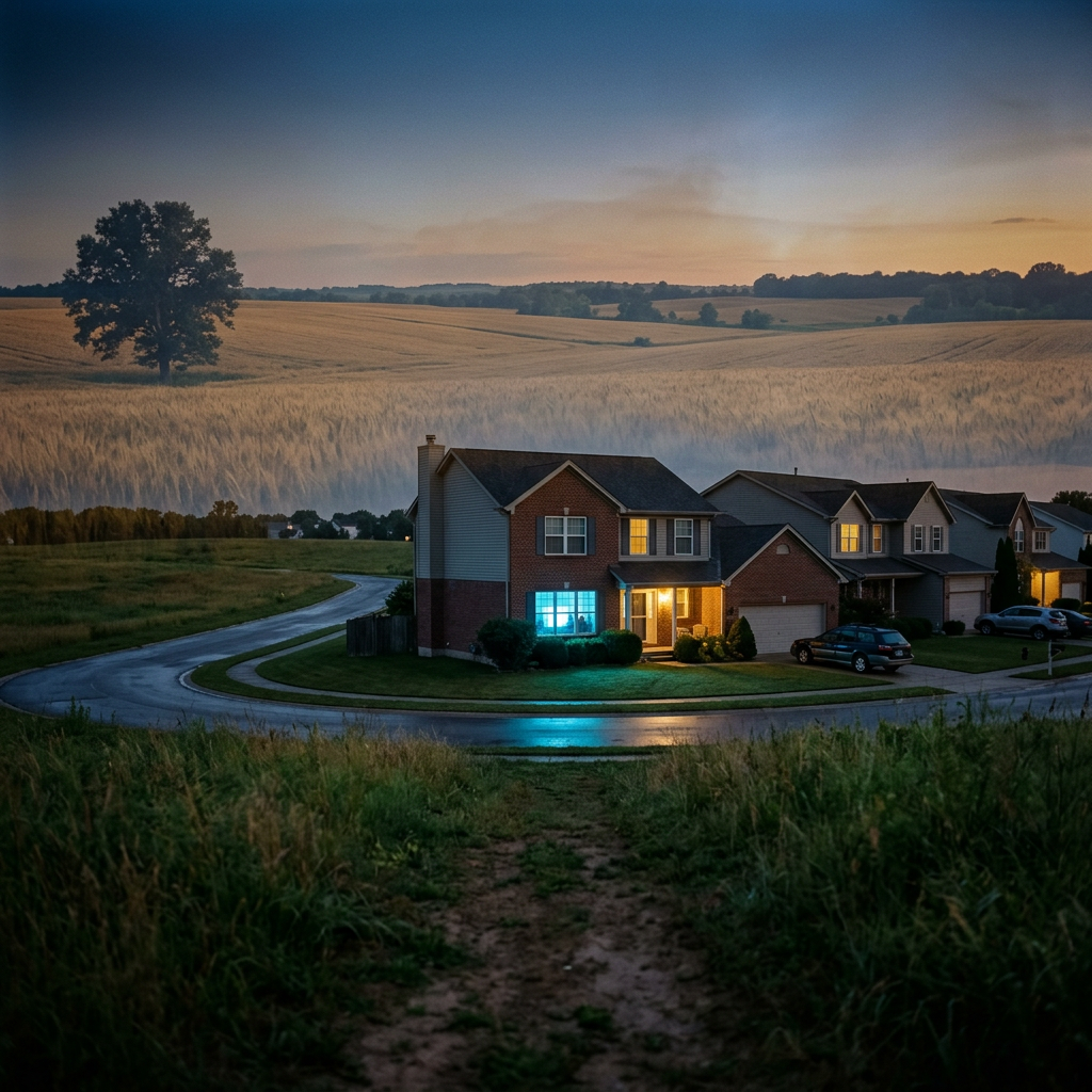 Suburban houses illuminated at dusk with a large open wheat field and tree in the background