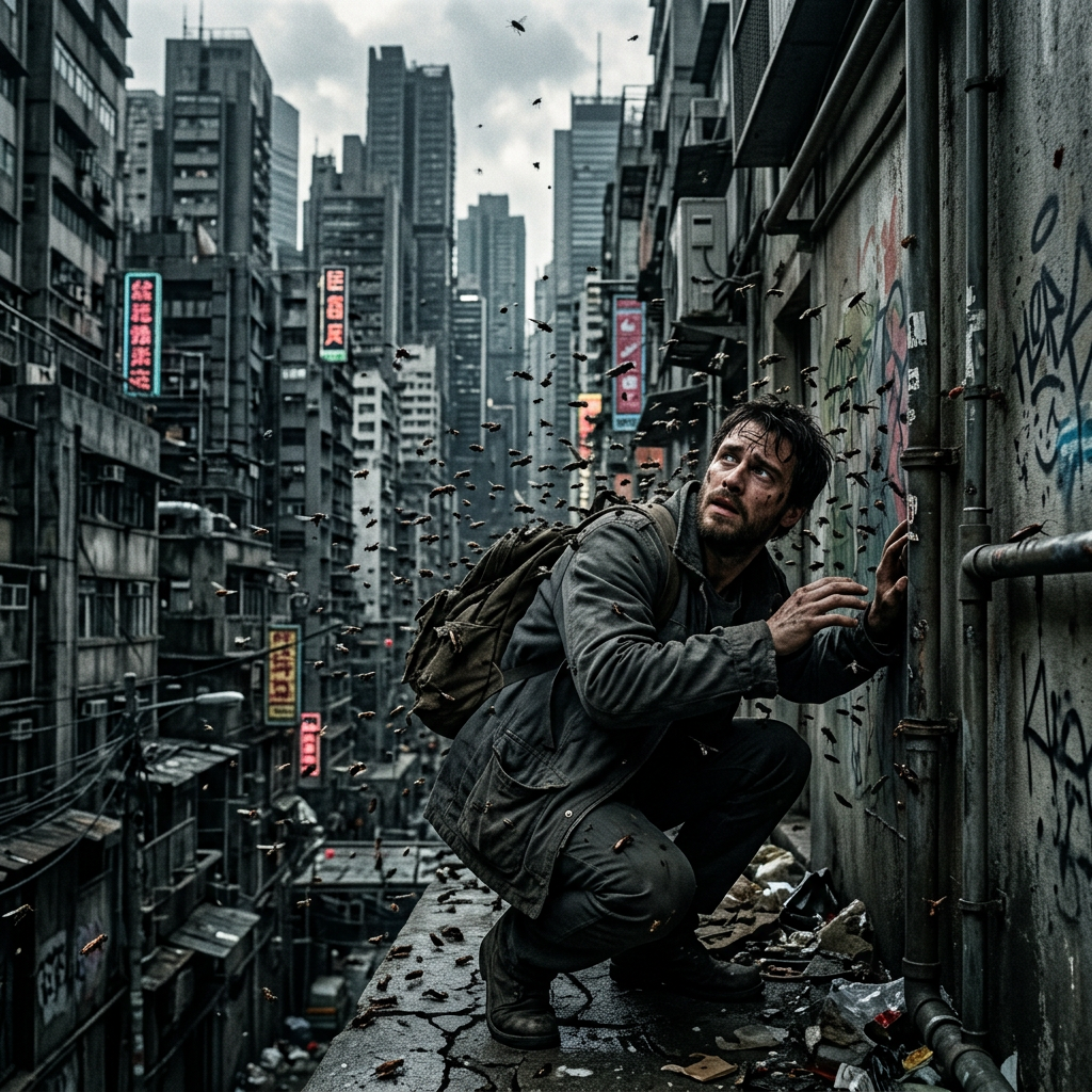 Man crouching on a rooftop in a dense urban area surrounded by flying insects.