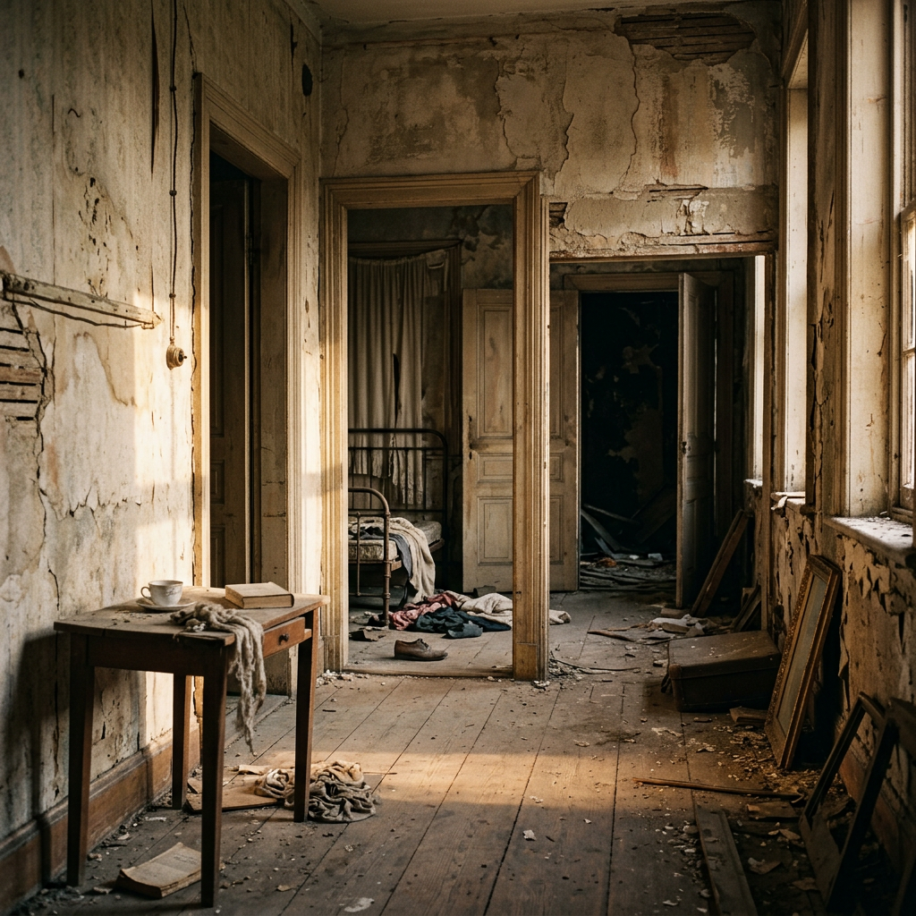 Abandoned house hallway with peeling walls, debris, and a small table