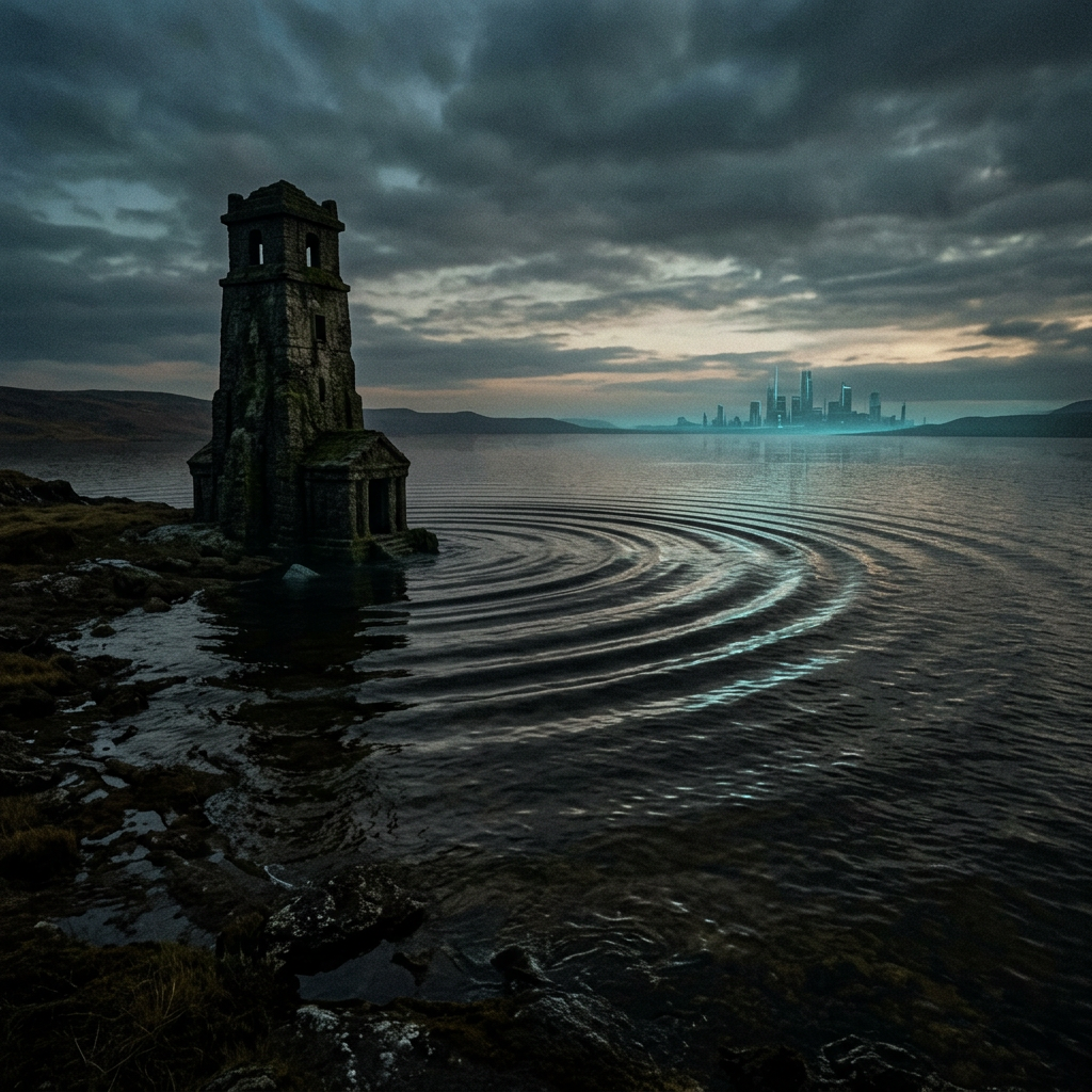 Stone lighthouse beside rippling water, with a glowing futuristic city across the bay