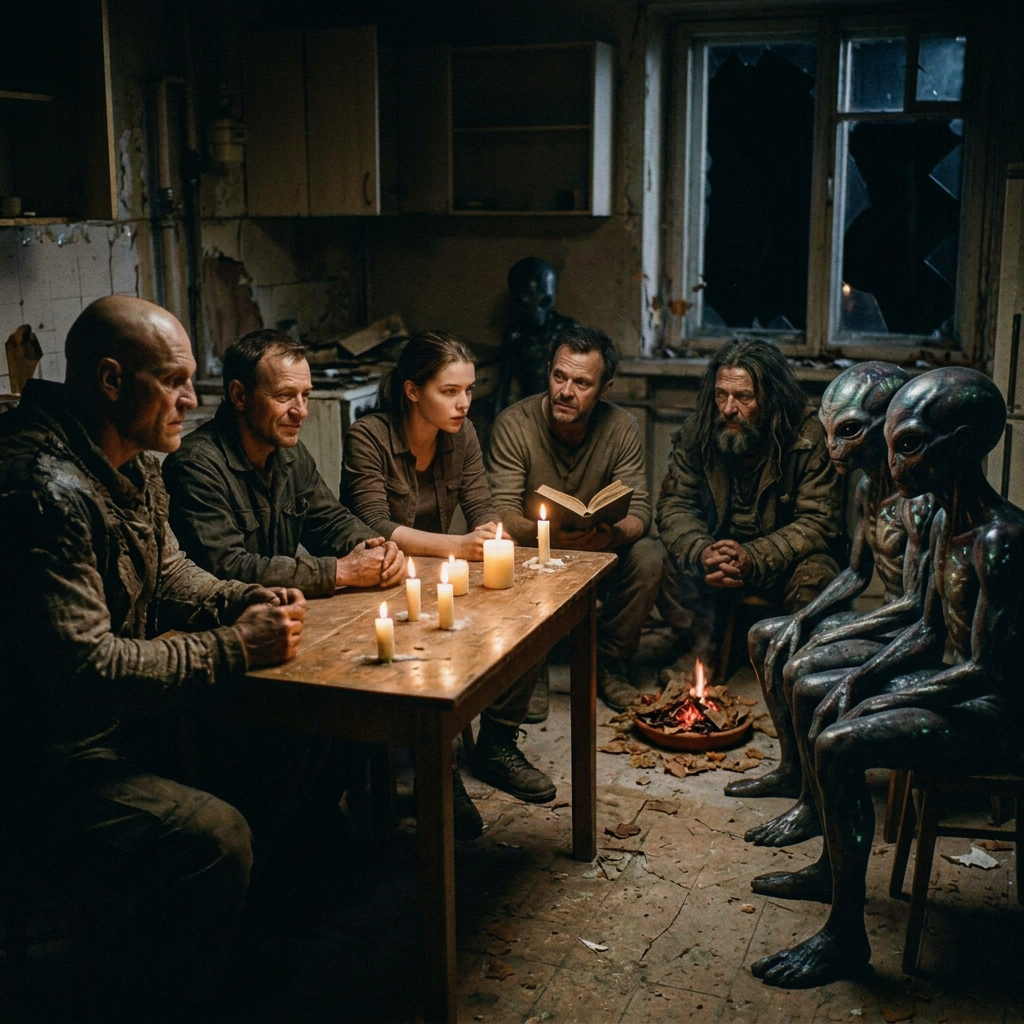 Nine people and aliens by dim candlelight